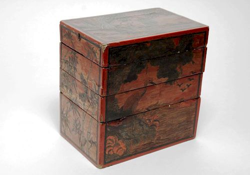 Antique Chinese Lacquer Stacking Box, Red & Black