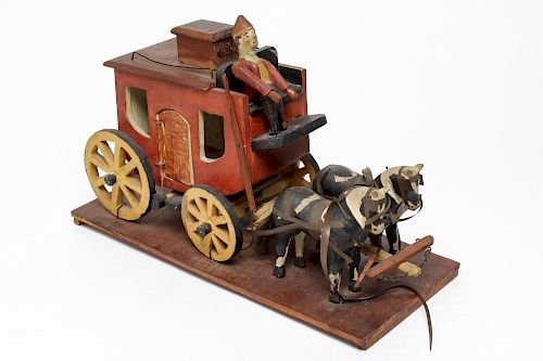 Folk Art Hand-Carved Horses & Carriage Sculpture