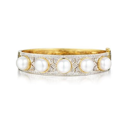 A Pearl and Diamond Bangle Bracelet