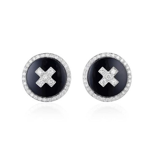 A Pair of Onyx and Diamond Earrings