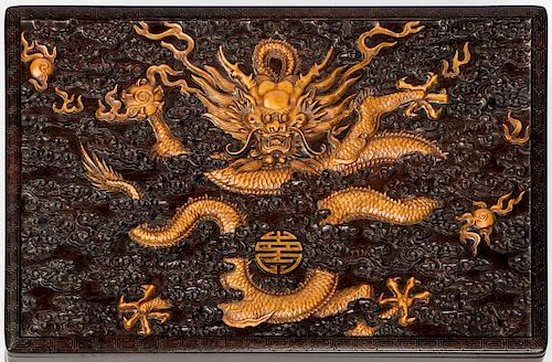 Fine Chinese Carved Zitan and Boxwood Dragon Box
