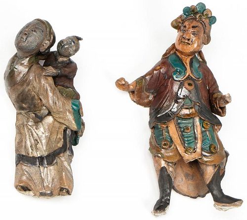 2 Antique Chinese Glazed Polychrome Ceramic Figures