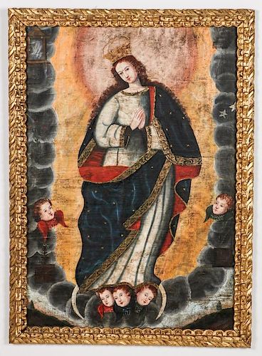 Fine Old Cuzco School Painting: Madonna w. Angels