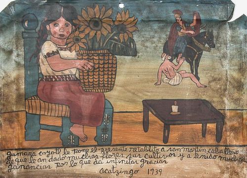 Painted Tin Retablo of Girl w. Flowers, Dated 1939