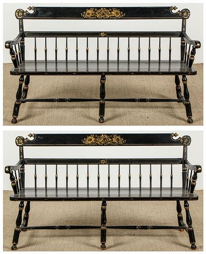 Matching Pair of Black Benches with Gold Stenciling