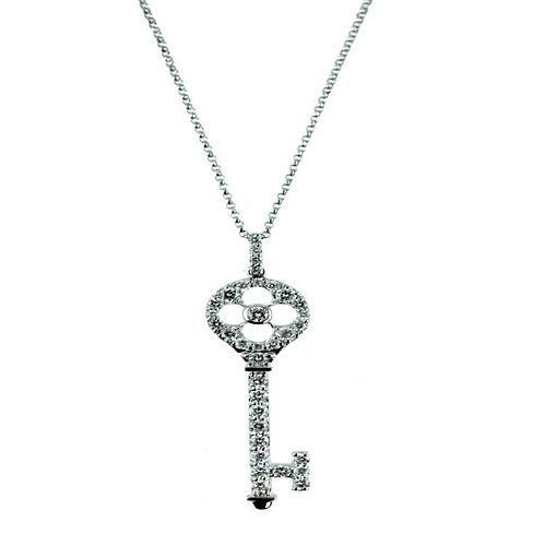 Ladies 14 Karat White Gold Diamond "Key" Necklace.