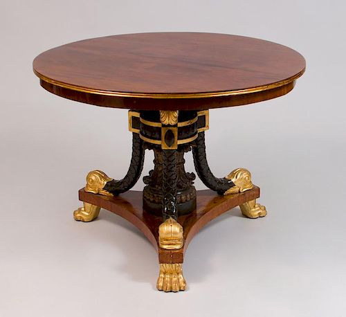 BALTIC NEOCLASSICAL STYLE MAHOGANY PAINTED AND PARCEL-GILT CENTER TABLE
