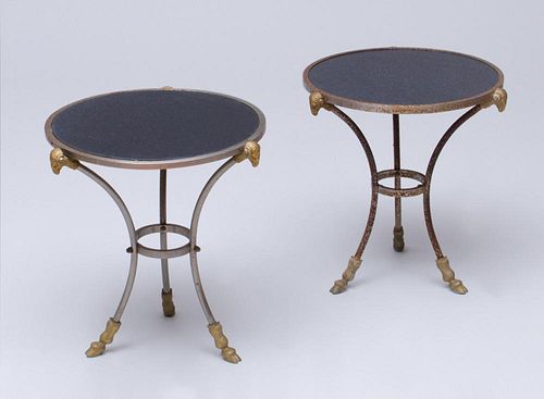 PAIR OF EMPIRE STYLE METAL AND STONE GARDEN TABLES