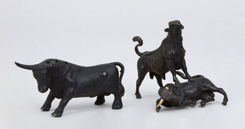 AUSTRIAN METAL BULL FIGHTING GROUP AND A METAL BULL-FORM TOOTH PICK HOLDER