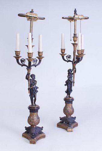 PAIR OF EMPIRE GILT-BRONZE THREE-LIGHT CANDELABRA MOUNTED AS LAMPS