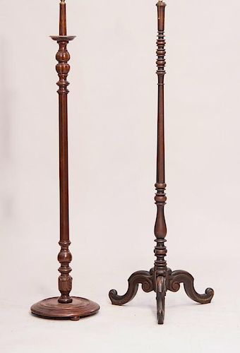 TWO CARVED MAHOGANY FLOOR LAMPS