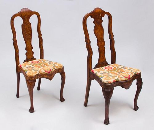 PAIR OF ROCOCO STYLE DUTCH WALNUT AND FRUITWOOD MARQUETRY SIDE CHAIRS