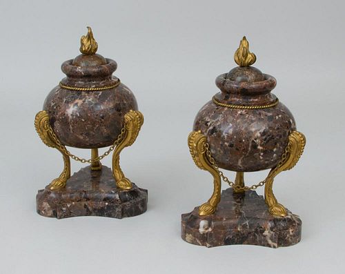 PAIR OF FRENCH ORMOLU-MOUNTED BRONZE URNS AND COVERS