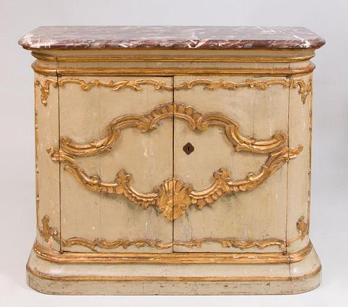 ITALIAN BAROQUE PAINTED AND PARCEL-GILT CABINET WITH MARBLE TOP
