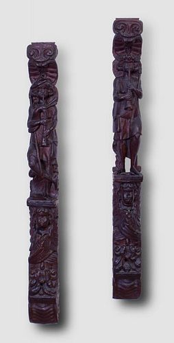 PAIR OF ENGLISH CARVED OAK FIGURAL PILASTERS