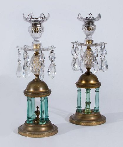 PAIR OF GEORGE III STYLE GILT-METAL AND CUT-GLASS CANDLESTICKS