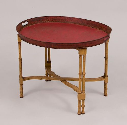 ENGLISH RED TÔLE TRAY WITH PARCEL-GILT DECORATION, ON A PAINTED FAUX BAMBOO STAND