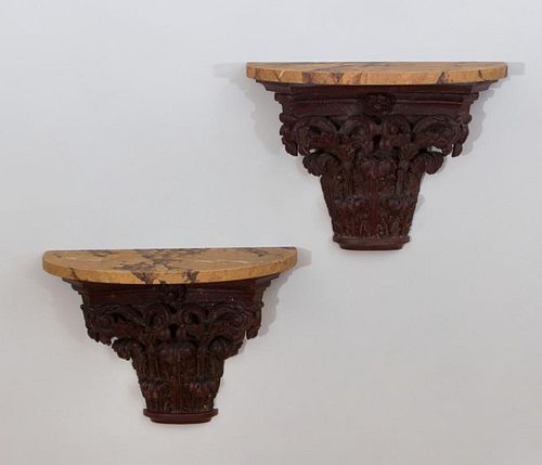 PAIR OF CARVED WOOD CORINTHIAN CAPITAL-FORM WALL BRACKETS