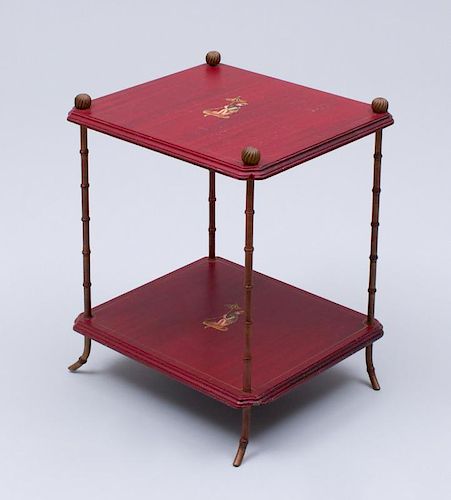 BRASS AND RED PAINTED TWO-TIERED END TABLE, MODERN