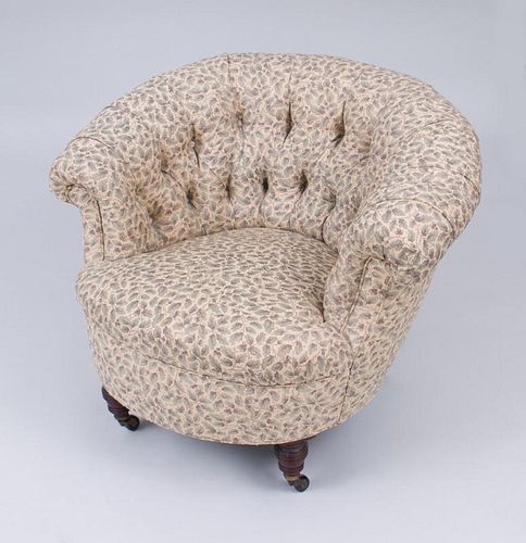 VICTORIAN STYLE MAHOGANY TUFTED LINEN TUB CHAIR