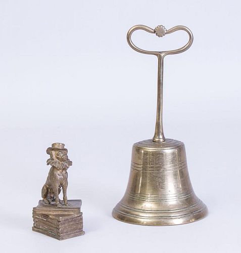 FRENCH GILT-BRONZE DOG-FORM VESTA CASE AND A BRASS BELL-FORM DOOR STOP