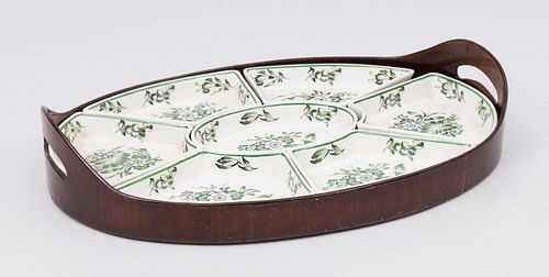 BOOTHS CREAMWARE GREEN TRANSFER-PRINTED SWEETMEAT DISHES IN WOOD TRAY