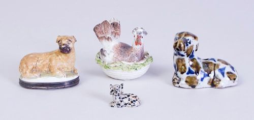 CHINESE MOTTLE GLAZED DOG, A MEISSEN NESTING CHICKEN, AND A PORCELAIN DOG-FORM SNUFF BOX