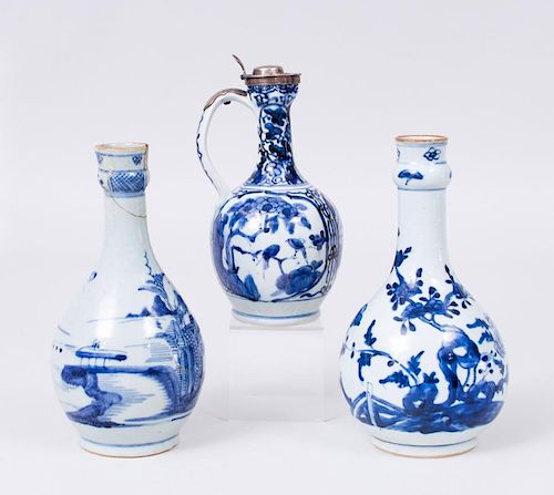CONTINENTAL SILVER-MOUNTED PORCELAIN CHINESE EWER AND TWO CHINESE PORCELAIN BOTTLE VASES
