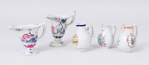 TWO CHINESE EXPORT PORCELAIN HELMET SHAPED JUGS, AND THREE SPARROW BEAKED JUGS