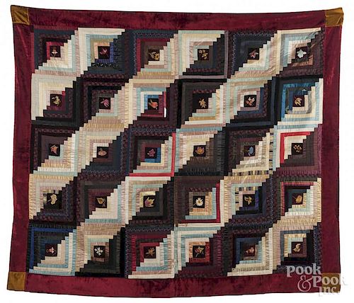 Pair of log cabin pattern silk quilts