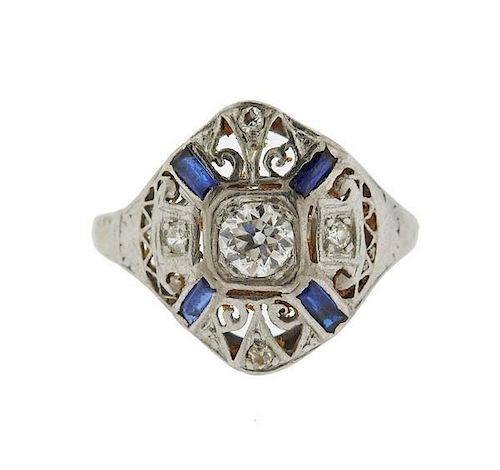 Art Deco Platinum 18k Gold Diamond Gemstone Ring
