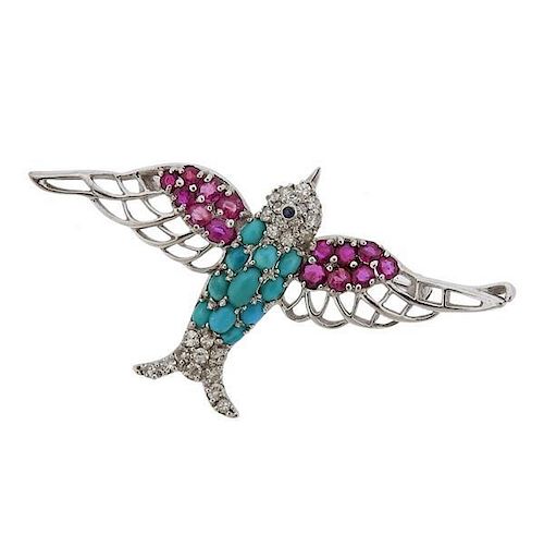 Platinum Diamond Ruby Turquoise Bird Brooch