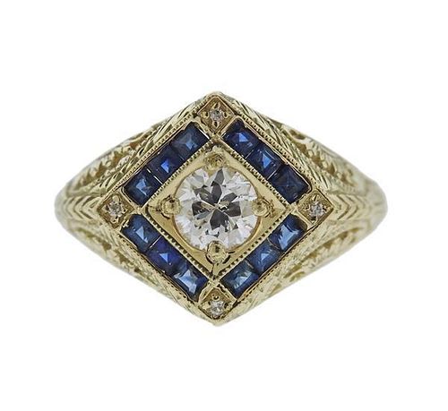Filigree 18K Gold Diamond Blue Gemstone Ring
