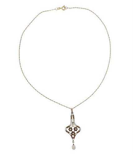 Antique Gold Diamond Pearl Lavalier Necklace
