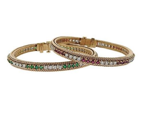 14k Gold Diamond Emerald Ruby Line Bracelet Set