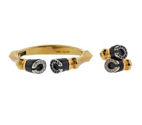 Adler 18k Gold Diamond Onyx Horse Shoe Ring Bracelet