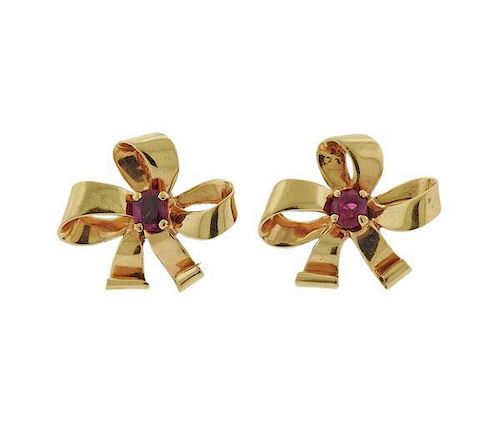 Retro 18k Gold Ruby Bow Earrings