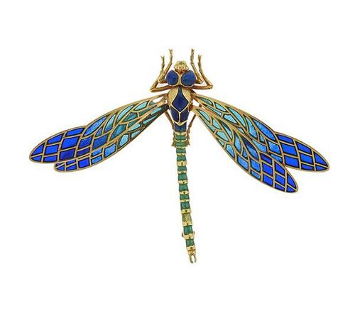 18k Gold Plique A Jour Dragonfly Brooch