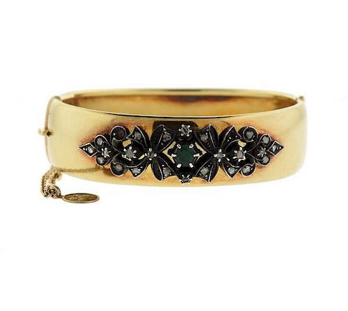 Antique 18k Gold Silver Diamond Emerald Bracelet