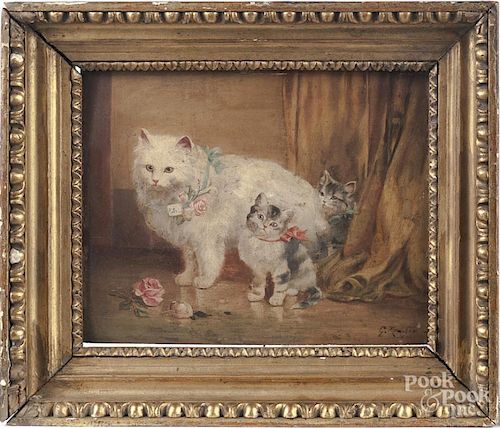 English oil on panel picture of a cat with kittens