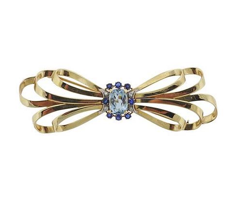 Tiffany &amp; Co Retro Gold Aquamarine Diamond Brooch