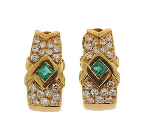 18k Gold Diamond Emerald Half Hoop Earrings
