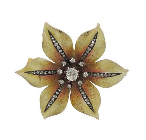18k Gold Diamond Enamel Flower Brooch Pin