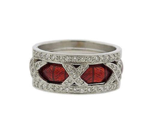 Hidalgo 18k Gold Red Enamel Diamond Band Ring