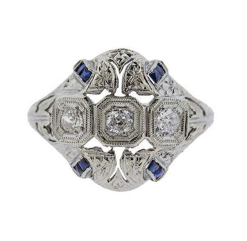 Art Deco 18k Gold Diamond Sapphire Dome Ring