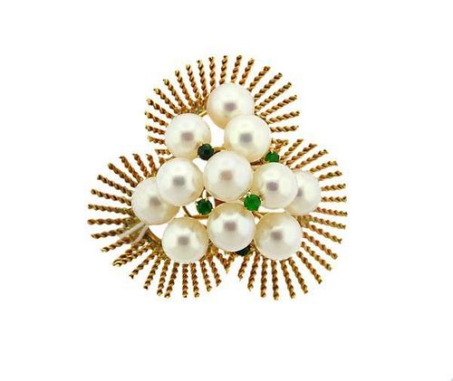 14K Gold Pearl Emerald Brooch Pin