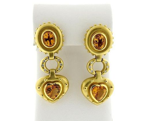 18K Gold Diamond Citrine Drop Earrings