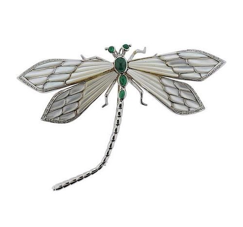 18k Gold Emerald Diamond MOP Dragonfly Brooch