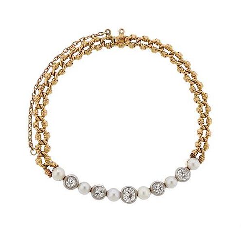 Continental Antique 18k Gold Diamond Pearl Bracelet