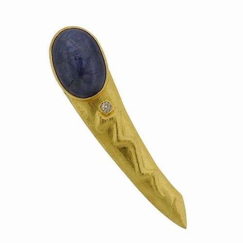 Sapphire Cabochon Diamond 22k Gold Brooch Pin